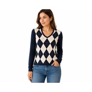 Tommy Hilfiger Womens Navy Blue Argyle V-Neck Cotton‎ Knit Sweater Size Small